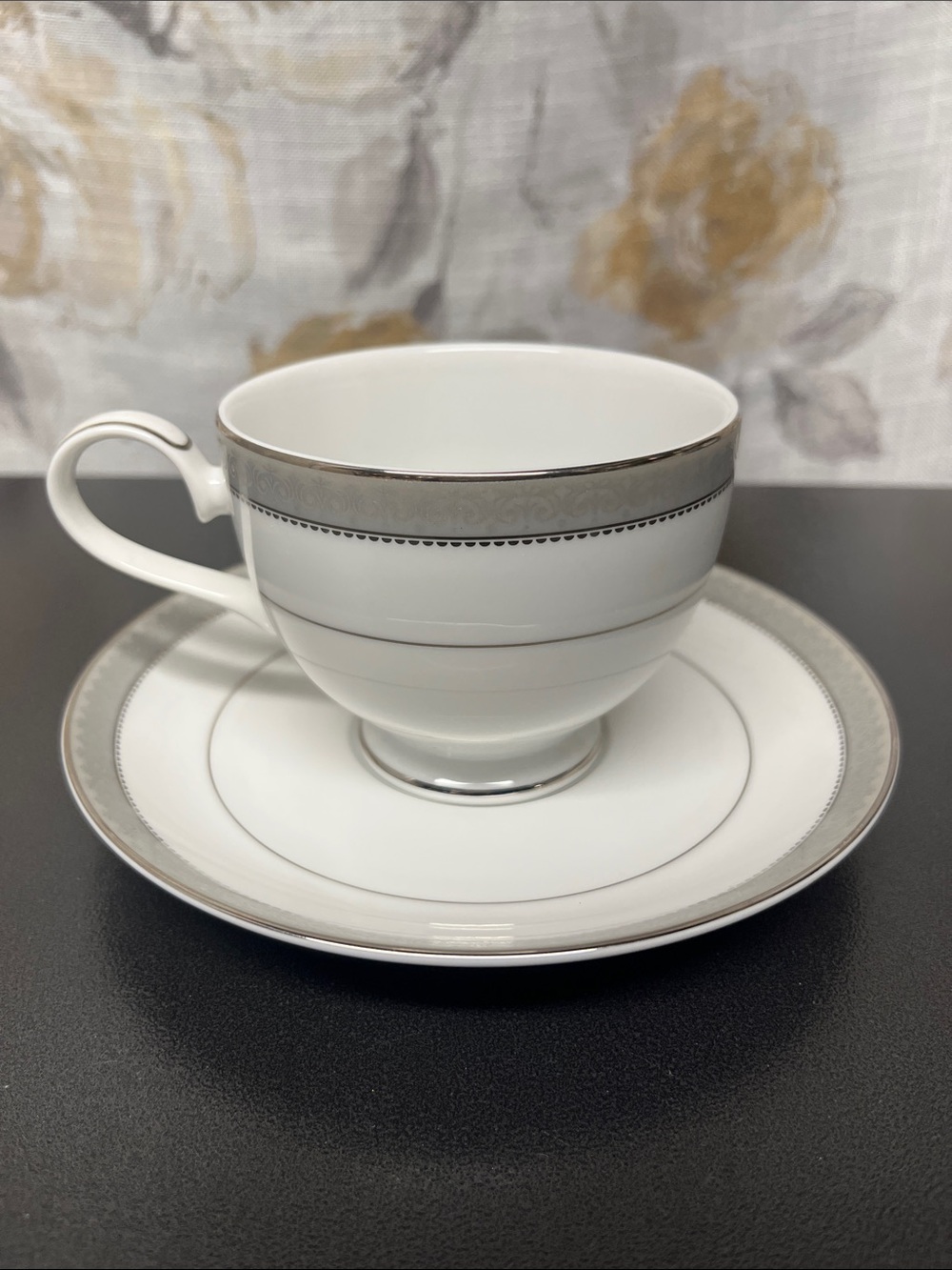 Mikasa White Porcelain Platinum Crown Teacup and Saucer with Silver Trim